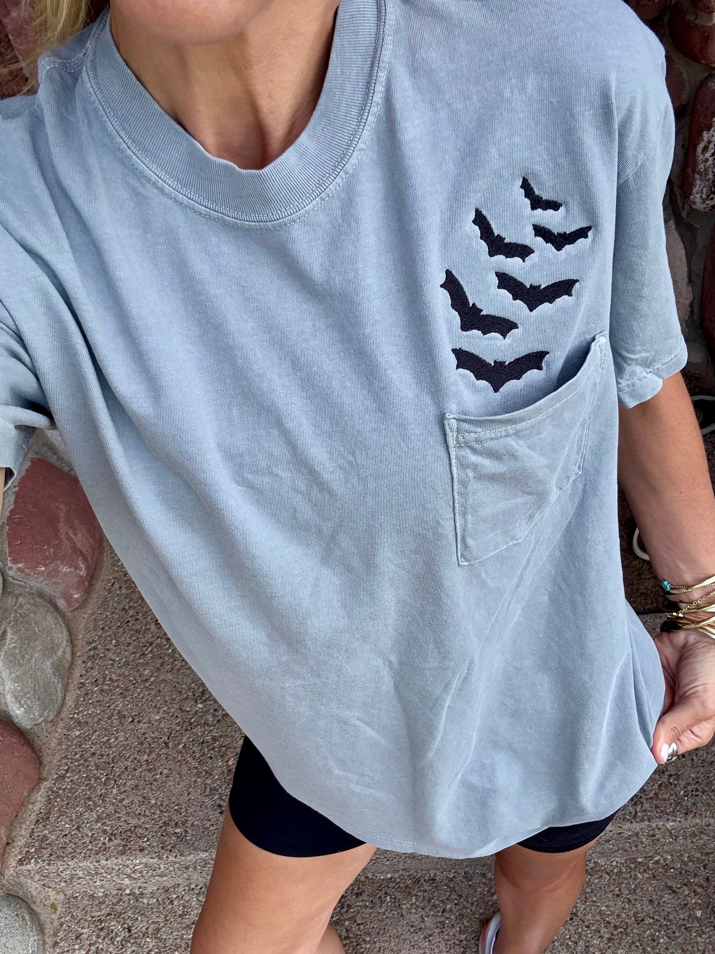 Spooky Bats Embroidered Pocket Tee - Project Save The Tees