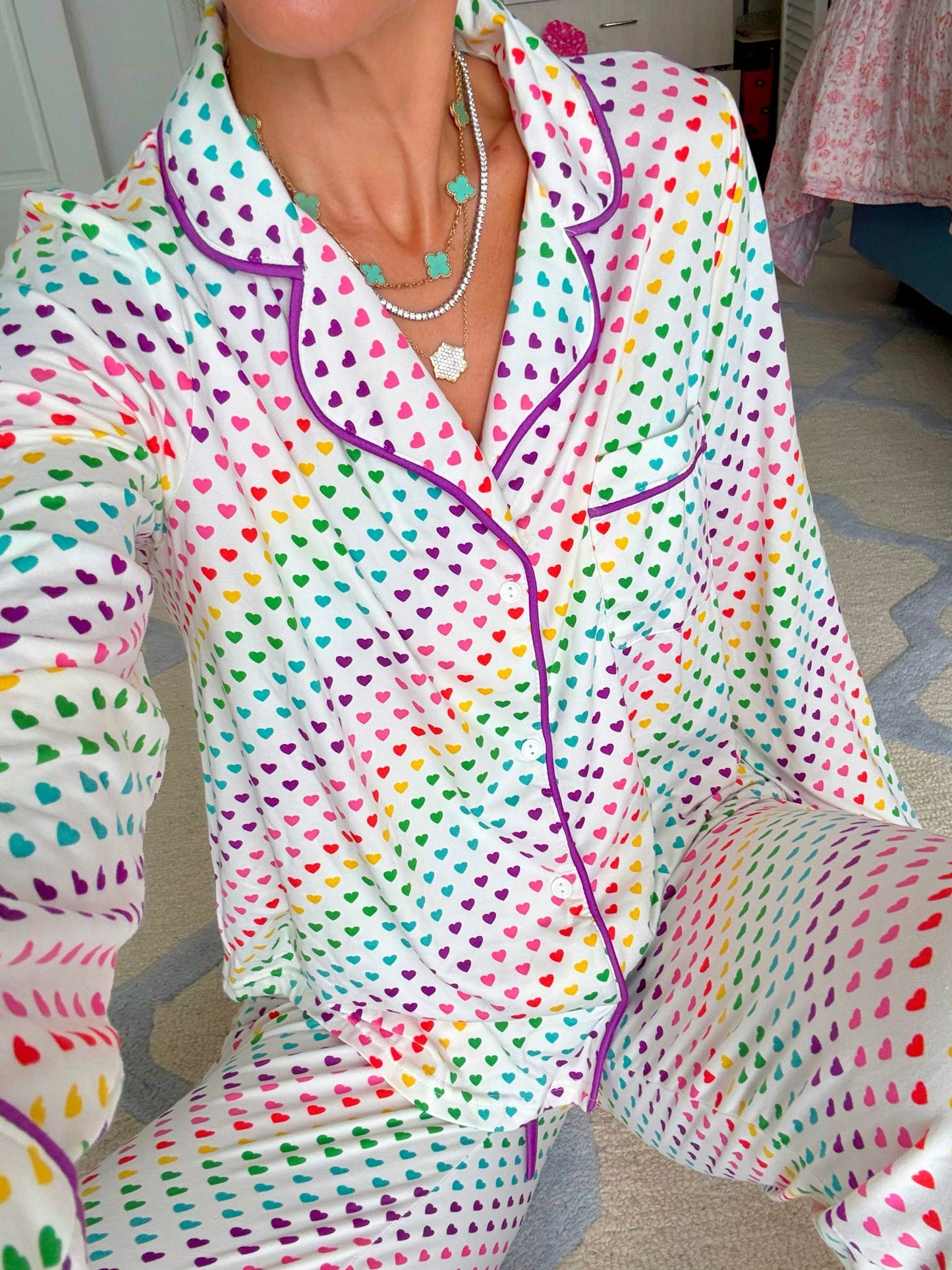 Rainbow Hearts Wide Leg Pajama Set