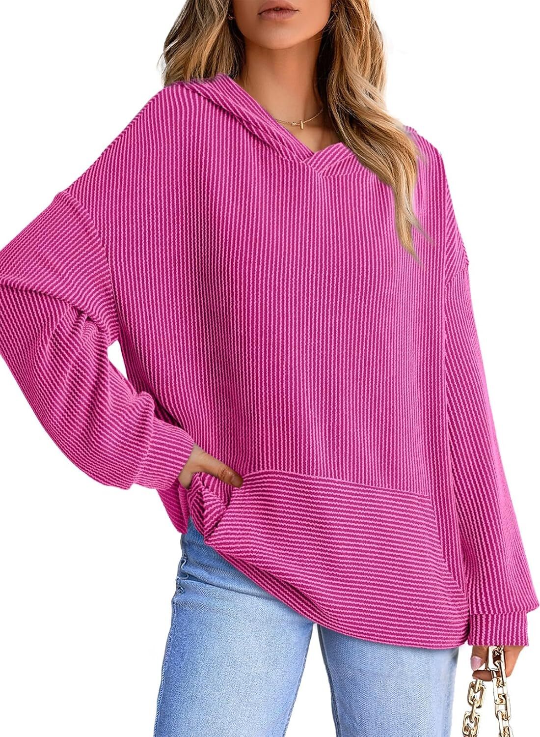 Women's Pullover Hoodies Sweatshirts Casual Loose Long Sleeve Ribbed Knit Shirts
