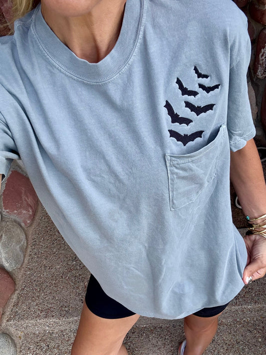 Spooky Bats Embroidered Pocket Tee - Project Save The Tees