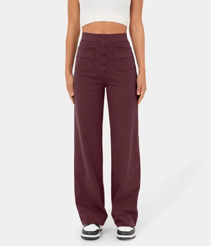 High Waisted Button Multiple Pockets Straight Leg Casual Pants