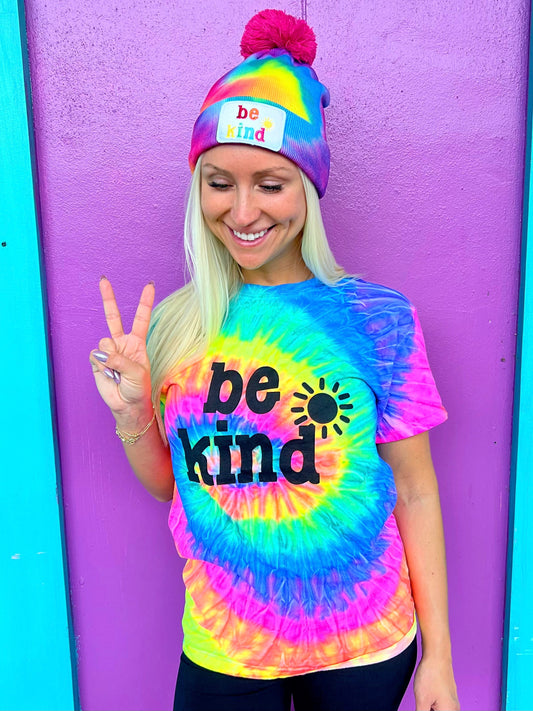 Be Kind Pom Pom Tie-Dye Beanie
