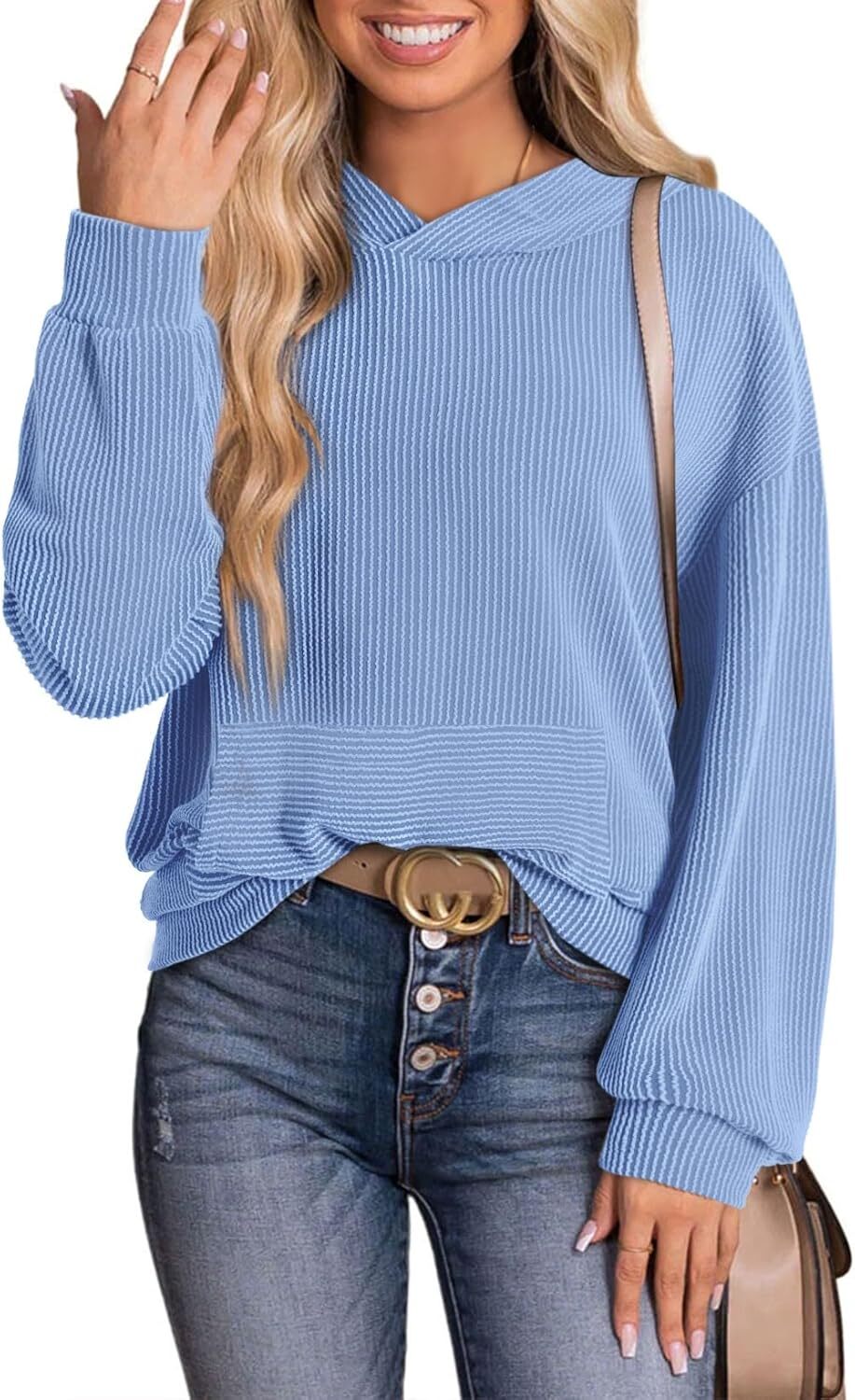 Women's Pullover Hoodies Sweatshirts Casual Loose Long Sleeve Ribbed Knit Shirts